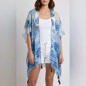 Camdor Blue and White Leaf Print Kimono Cover Up Beachy Summer Cruise Travel